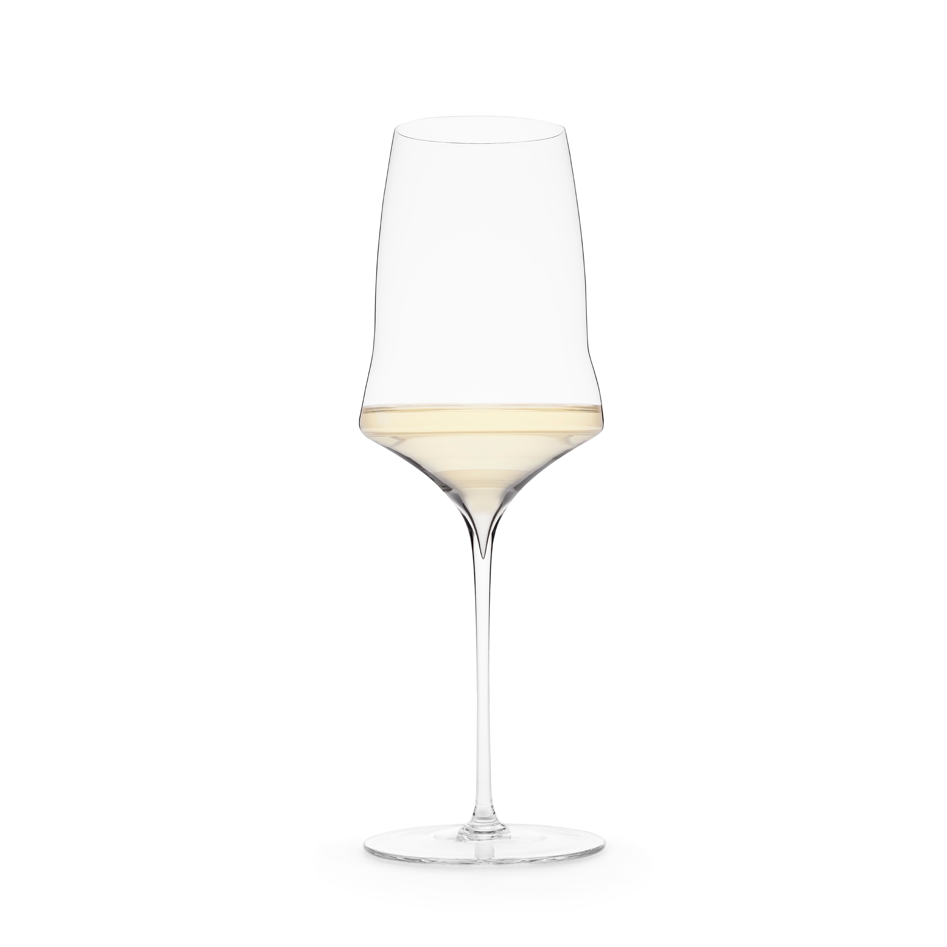 Single white wine glass filled with white wine by Josephinenhütte